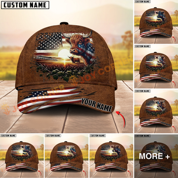 Joycorners Cow USA Flag Sunset Leather Pattern Custom Name 3D Cap (10 cattle Breeds)
