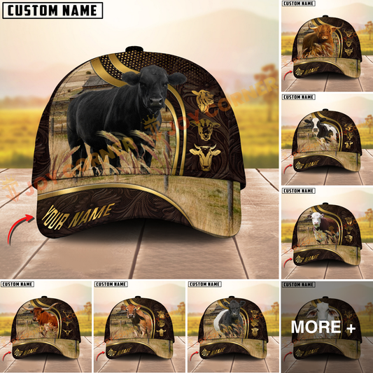 Joycorners Cattle Cow Dark Leather Gold Accent Western Personalized Name 3D Cap (10 Breeds)