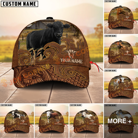 Joycorners Cattle Cow Tooled Leather Floral Western Personalized Name 3D Cap (10 Breeds)