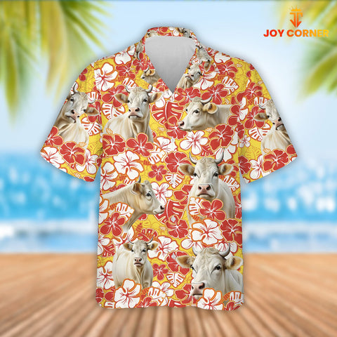 Joy Corners Charolais Cattle Orange Flower Pattern 3D Hawaiian Shirt