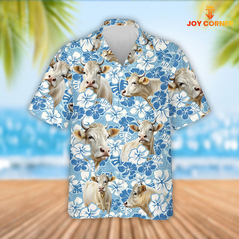 Joy Corners Charolais Cattle Blue Flower Pattern 3D Hawaiian Shirt