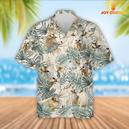 Joy Corners Charolais Cattle Tropical Leaf Pattern Hawaiian Shirt