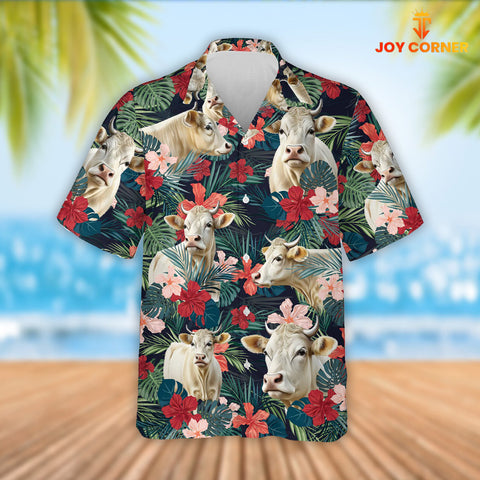 Joy Corners Charolais Cattle Red Tropical Flowers Hawaiian Shirt