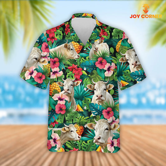 Joy Corners Charolais Cattle Tropical Fruits Pattern Hawaiian Shirt