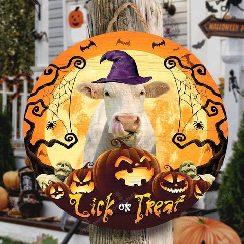 Joycorners Happy Halloween Charolais Lick Or Treat Round Wooden Sign