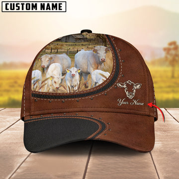 Joycorners Custom Name And Charolais Cows Leather Pattern Classic Cap