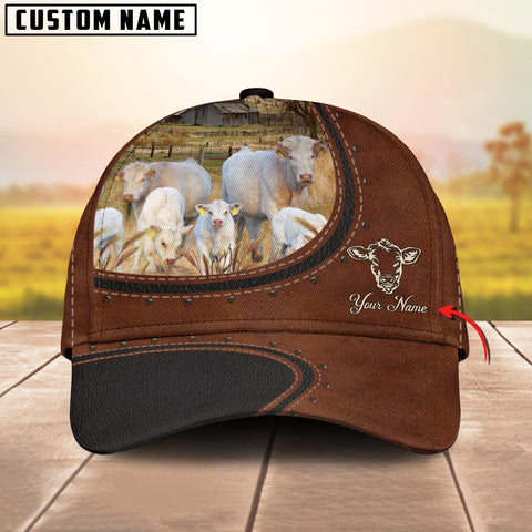 Joycorners Custom Name And Charolais Cows Leather Pattern Classic Cap