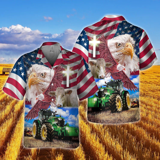 Joy Corners Charolais With Eagles And Tractor 3D Hawaiian Shirt