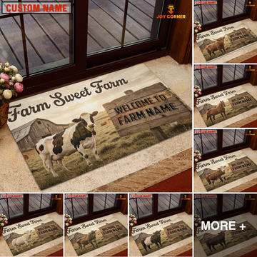 Joycorner Farm Sweet Farm Cow Doormat, Rustic Barn Landscape, Custom Farm Name Welcome Mat (9 Breeds)