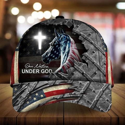 Personalized cracked Us flag one nation under god horse cross american flag cap