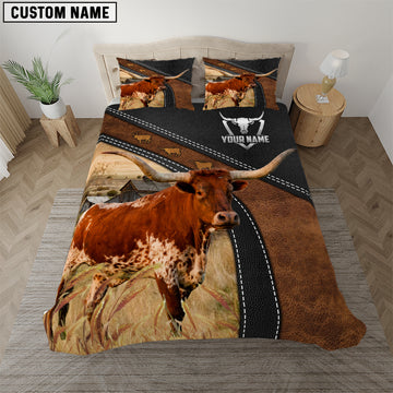 Joycorners Texas Longhorn Black Leather Premium Pattern Customized Name Bedding Set