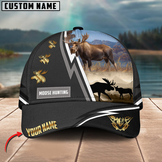 Joycorners Moose Hunting White Line Grey Pattern Multicolor Personalized Name 3D Cap