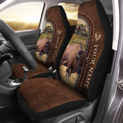 Joycorners Buffalo Cattle Personalized Name Leather Pattern Car Seat Covers Universal Fit (2Pcs)