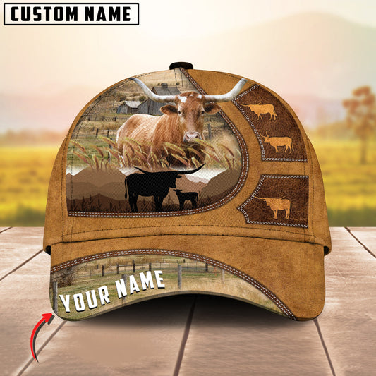 Joy Corners Texas Longhorn Art On Farm Yellow Leather Pattern Customized 3D Cap