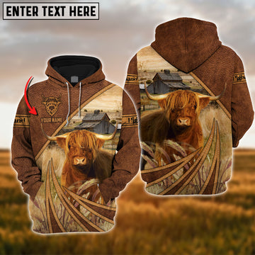 Joycorners Farm Highland Cattle Leather Pattern 3D Custom Name Printed Shirts