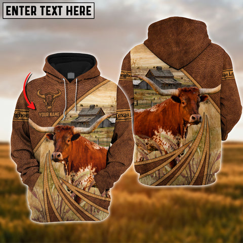 Joycorners Farm Texas Longhorn Cattle Leather Pattern 3D Custom Name Printed Shirts