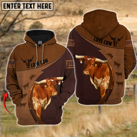 Joy Corners Texas Longhorn Love Cattle Leather Pattern Personalized 3D All Over Printed Hoodie
