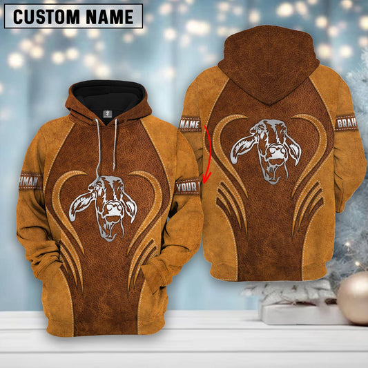 Joycorners Custom Name Farm Brahman Lovers Heart Leather Pattern Merry Christmas 3D Printed Hoodie