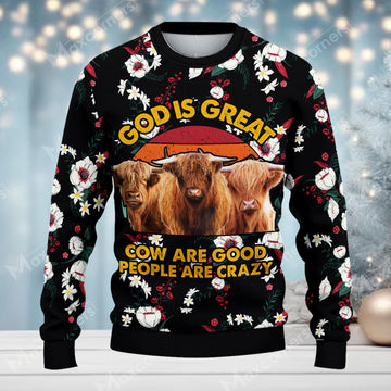 Joycorners Highland Cattle God is great Merry Christmas Custom Farm Name Ugly Sweater