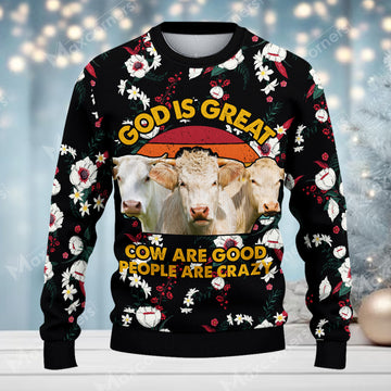 Joycorners Charolais Cattle God is great Merry Christmas Custom Farm Name Ugly Sweater