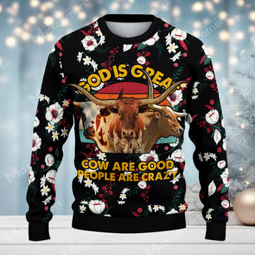 Joycorners Texas Longhorn Cattle God is great Merry Christmas Custom Farm Name Ugly Sweater