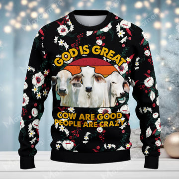 Joycorners Brahman Cattle God is great Merry Christmas Custom Farm Name Ugly Sweater