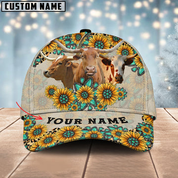 Joy Corners Texas Longhorn Happiness Sun Flowers Pattern Customized 3D Cap