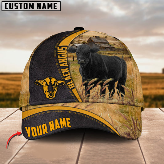 Joy Corners Black Angus On Farm Black Yellow Leather Pattern Customized 3D Cap