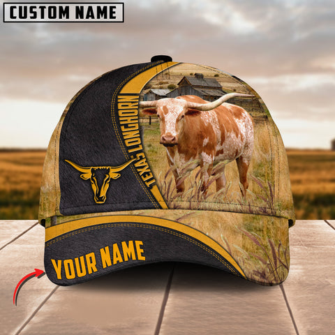 Joy Corners Texas Longhorn On Farm Black Yellow Leather Pattern Customized 3D Cap