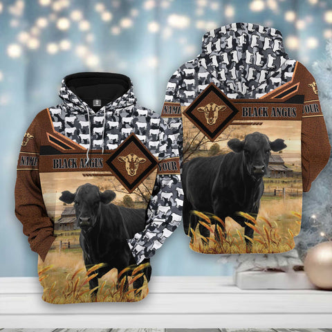 Joy Corners Black Angus Leather Camo Pattern on Farm 3D All Over Printed Hoodie