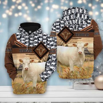 Joy Corners Charolais Leather Camo Pattern on Farm 3D All Over Printed Hoodie
