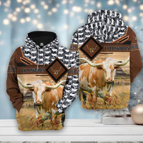 Joy Corners Texas Longhorn Leather Camo Pattern on Farm 3D All Over Printed Hoodie