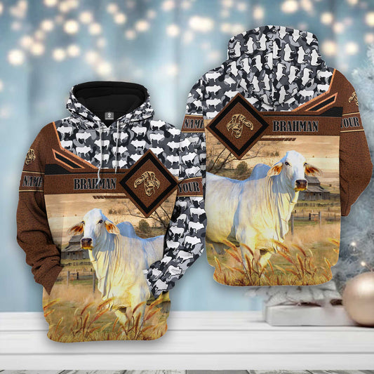 Joy Corners Brahman Leather Camo Pattern on Farm 3D All Over Printed Hoodie