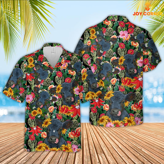 Joy Corners Black Angus Cow And Flower Drawing Hawaiian Shirt