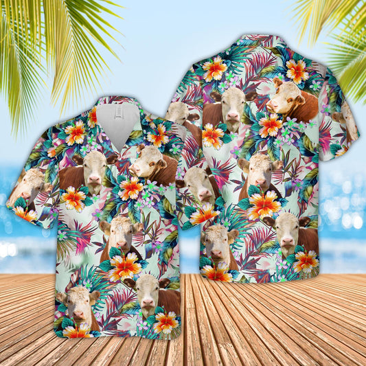 Joy Corner Hereford Cows with Flowers 3D Hawaiian Shirt