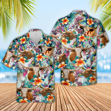 Joy Corner Texas Longhorn Cows with Flowers 3D Hawaiian Shirt