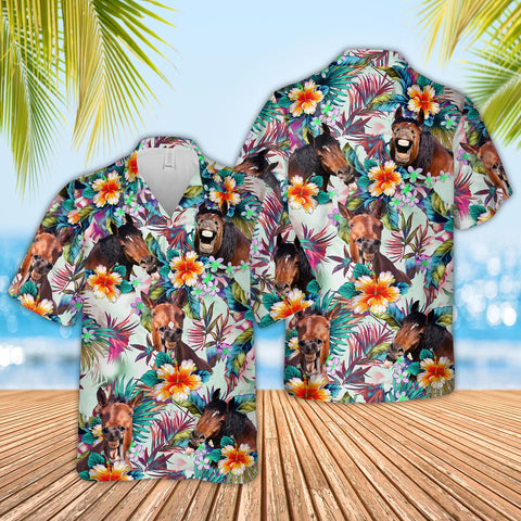 Joy Corners Horse Colorful Leaf Pattern Hawaiian Shirt