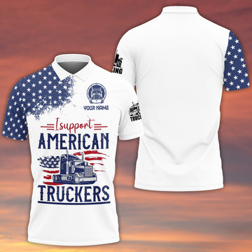 Joy Corners Custom Name I Support American Trucker American Flag Pattern Polo Shirt