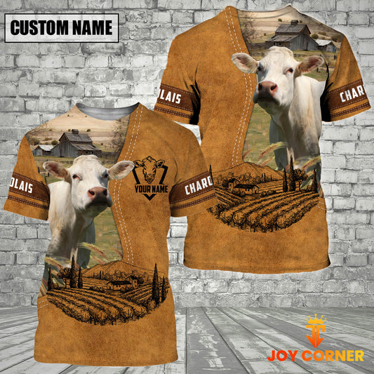 Joycorner Yellow Farm Pattern Charolais Custom Name All Over Printed T Shirt