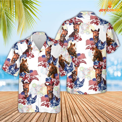 Joy Corners Horse American Flowers And Flag Pattern Hawaiian Shirt
