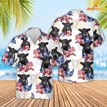 Joy Corners Belted Galloway American Flowers And Flag Pattern Hawaiian Shirt