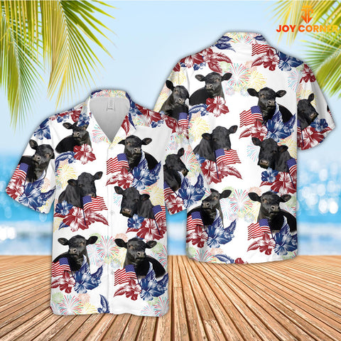 Joy Corners Black Angus American Flowers And Flag Pattern Hawaiian Shirt