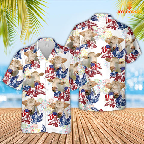 Joy Corners Charolais American Flowers And Flag Pattern Hawaiian Shirt