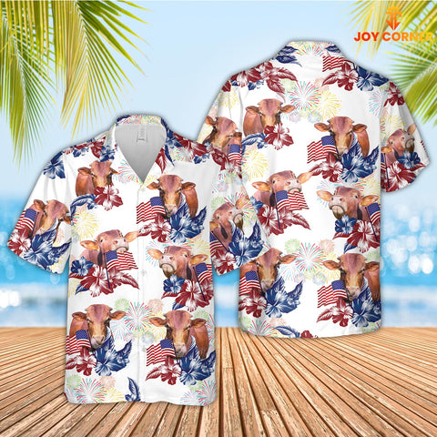 Joy Corners Beefmaster American Flowers And Flag Pattern Hawaiian Shirt