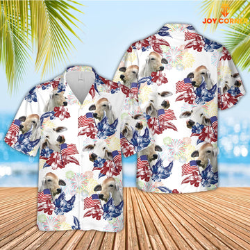Joy Corners Brahman American Flowers And Flag Pattern Hawaiian Shirt