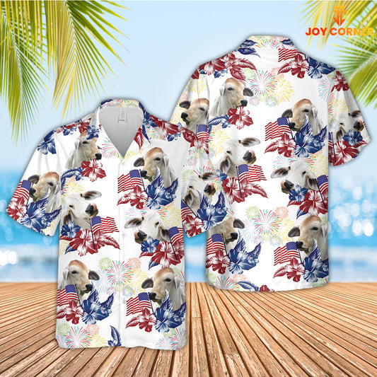 Joy Corners Brahman American Flowers And Flag Pattern Hawaiian Shirt