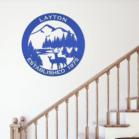 Joycorners Personalized Family Name Outdoor Mountain Deer Scene with Established Date Round Metal Sign LM0110