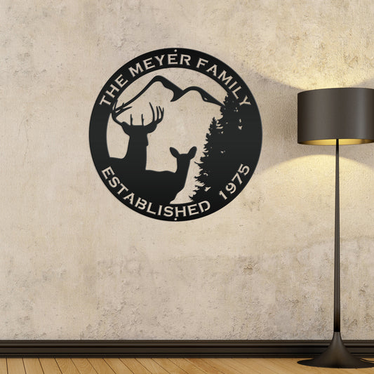 Joycorners Personalized Family Name Outdoor Deer Scene with Established Date Round Metal Sign-Deer Cabin Metal Sign -Deer themed Wall Decor LM0110