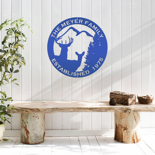 Joycorners Personalized Family Name Outdoor Deer Scene with Established Date Round Metal Sign-Deer Cabin Metal Sign -Deer themed Wall Decor LM0110
