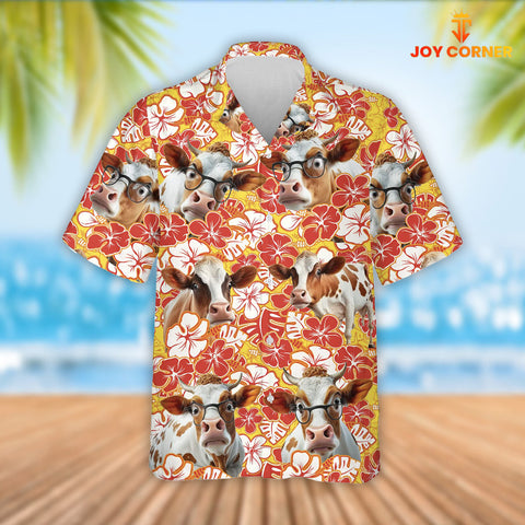 Joy Corners Funny Dexter Cattle Orange Flower Pattern 3D Hawaiian Shirt